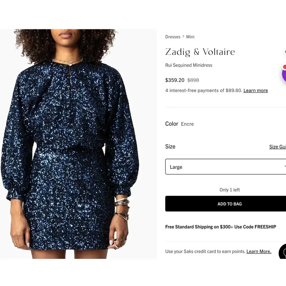Zadig & Voltaire Party Dress Size Med Short Sequin Navy Blue Sparkly Long Sleeve